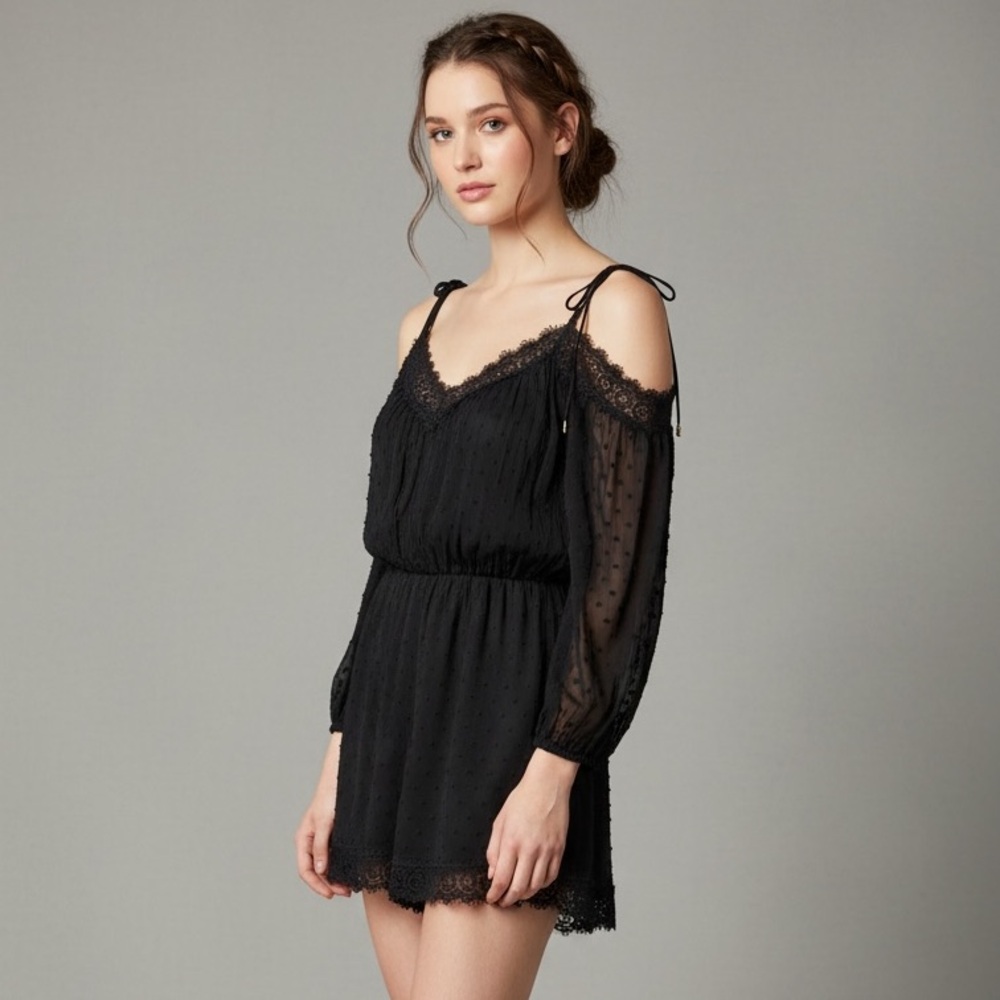Zimmermann Black Silk Lace Trim Romper V Neck Long Sleeve Size 1 Small - Picture 2 of 13